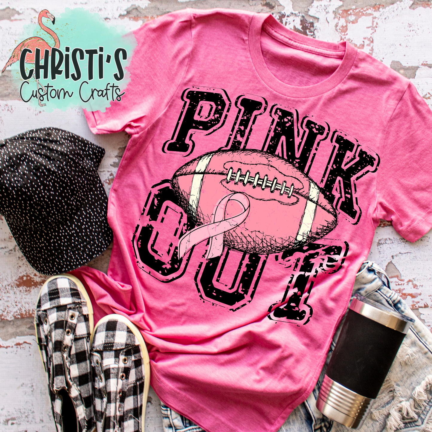 Pink Out distressed with Pink Football and ribbon