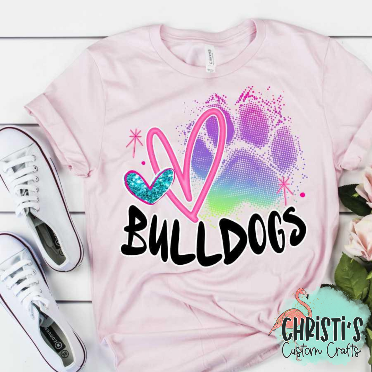 Rainbow Paw Print with Pink Heart and Black Mascot Name