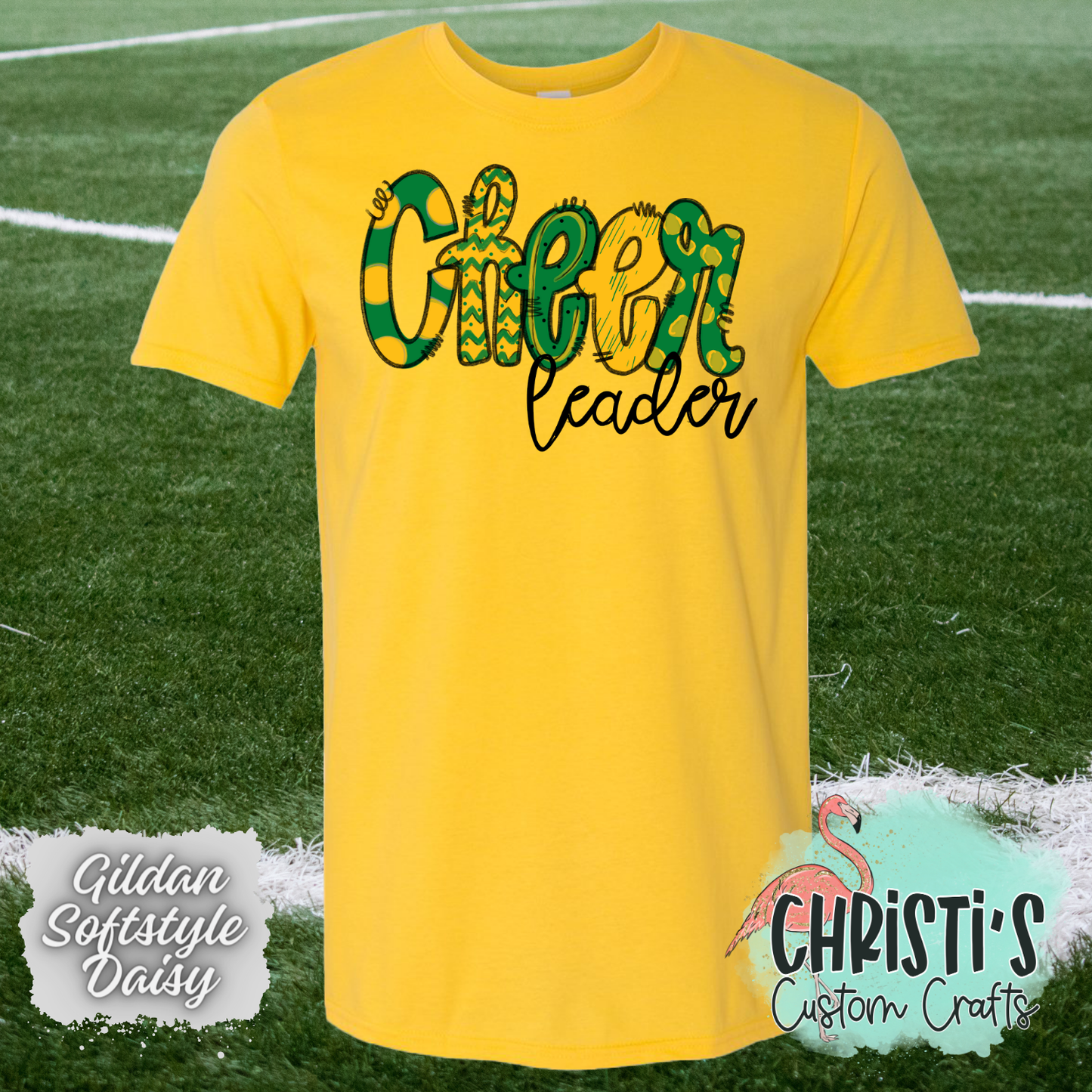 Green and Gold Cheer leader Doodle letters