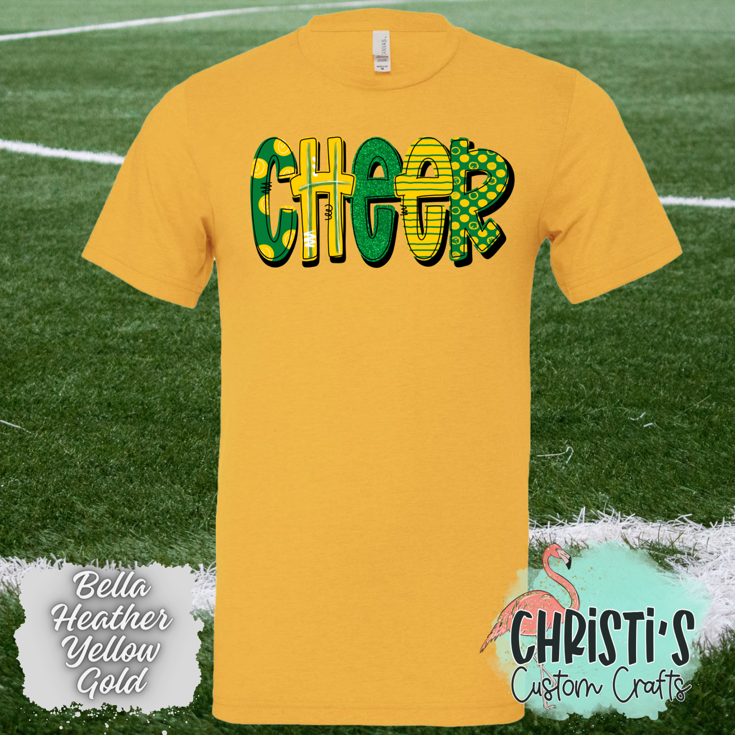 Cheer Green and Gold Doodle letters