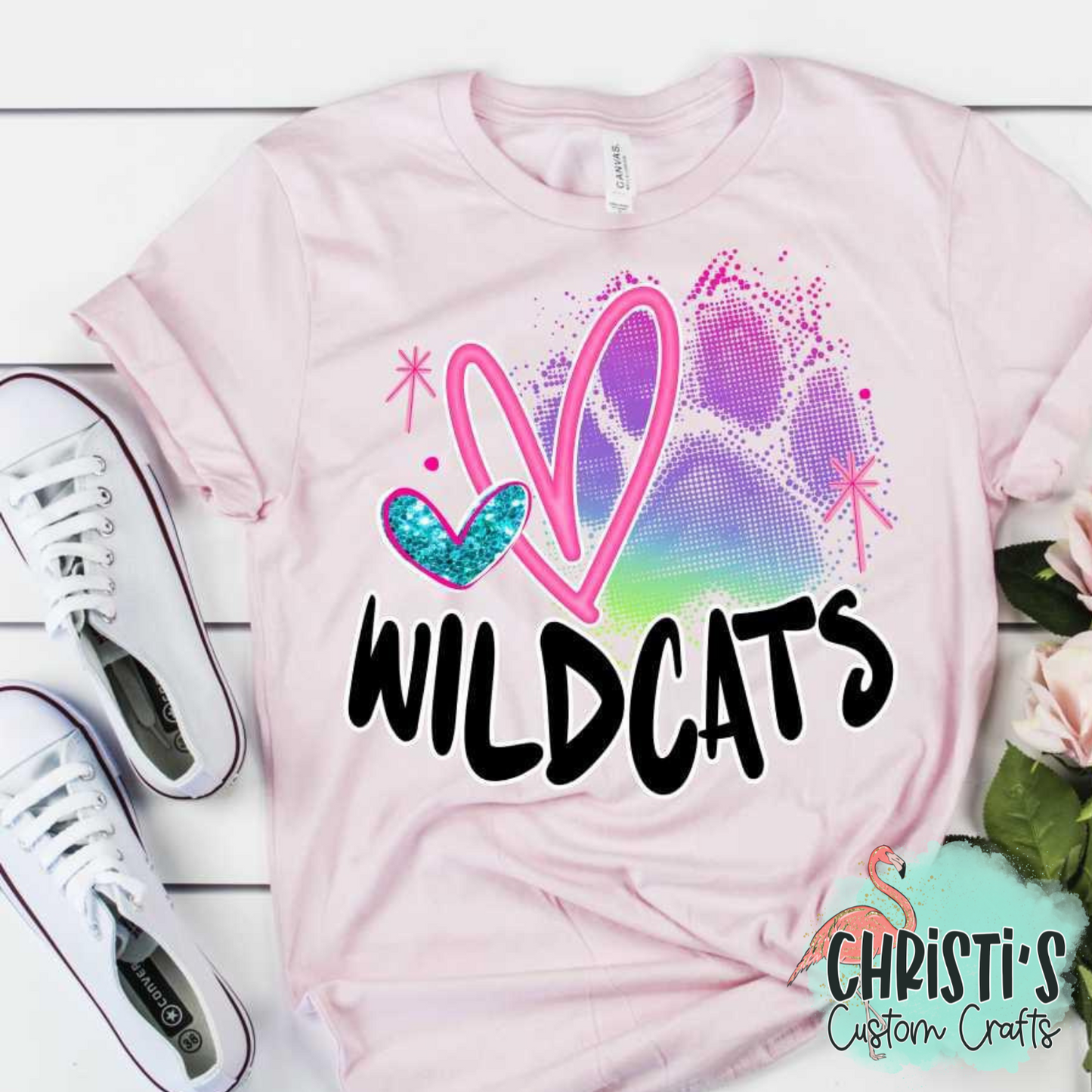 Rainbow Paw Print with Pink Heart and Black Mascot Name