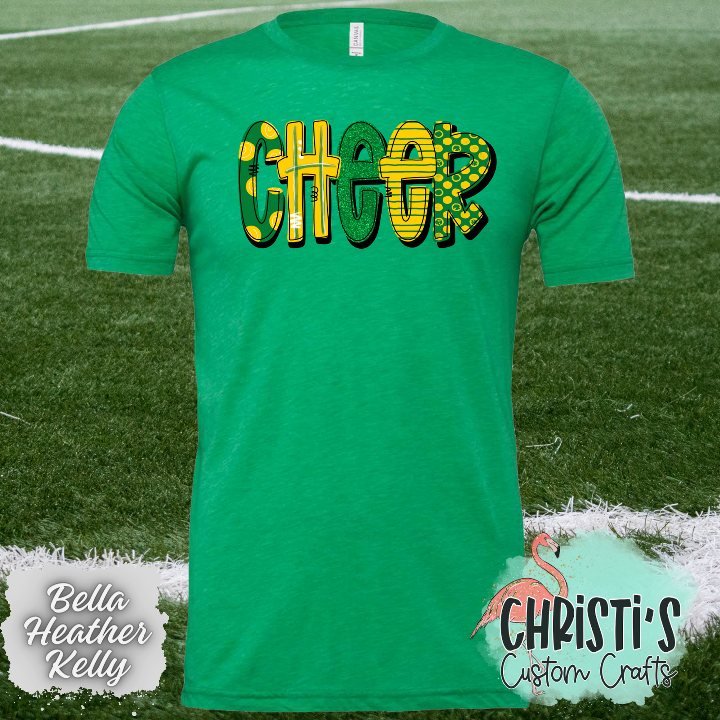 Cheer Green and Gold Doodle letters