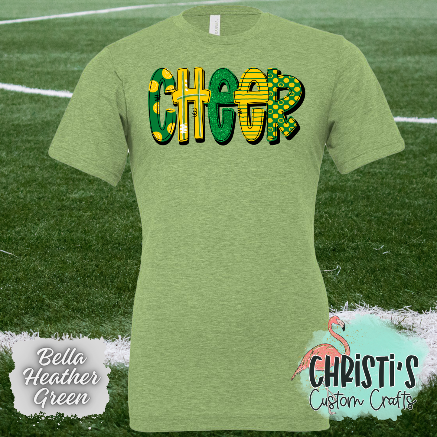 Cheer Green and Gold Doodle letters
