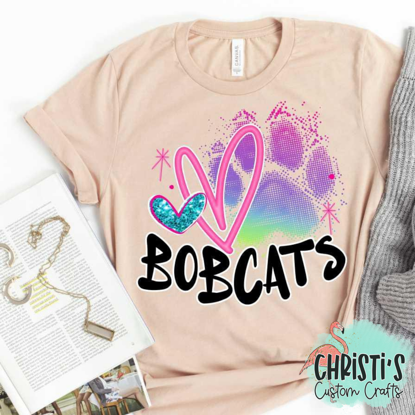 Rainbow Paw Print with Pink Heart and Black Mascot Name