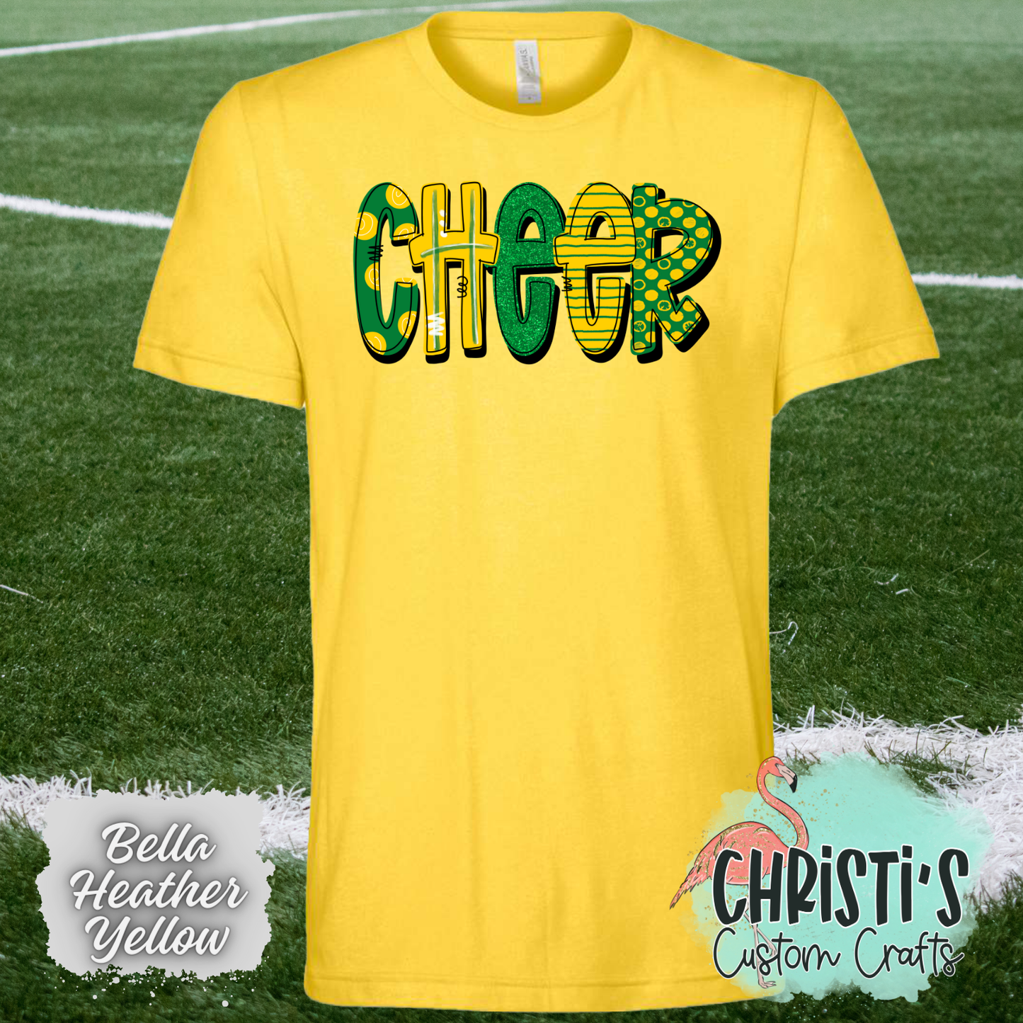 Cheer Green and Gold Doodle letters