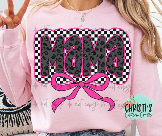 Mama Black on Black Leopard with Checkered Background and Pink Bow