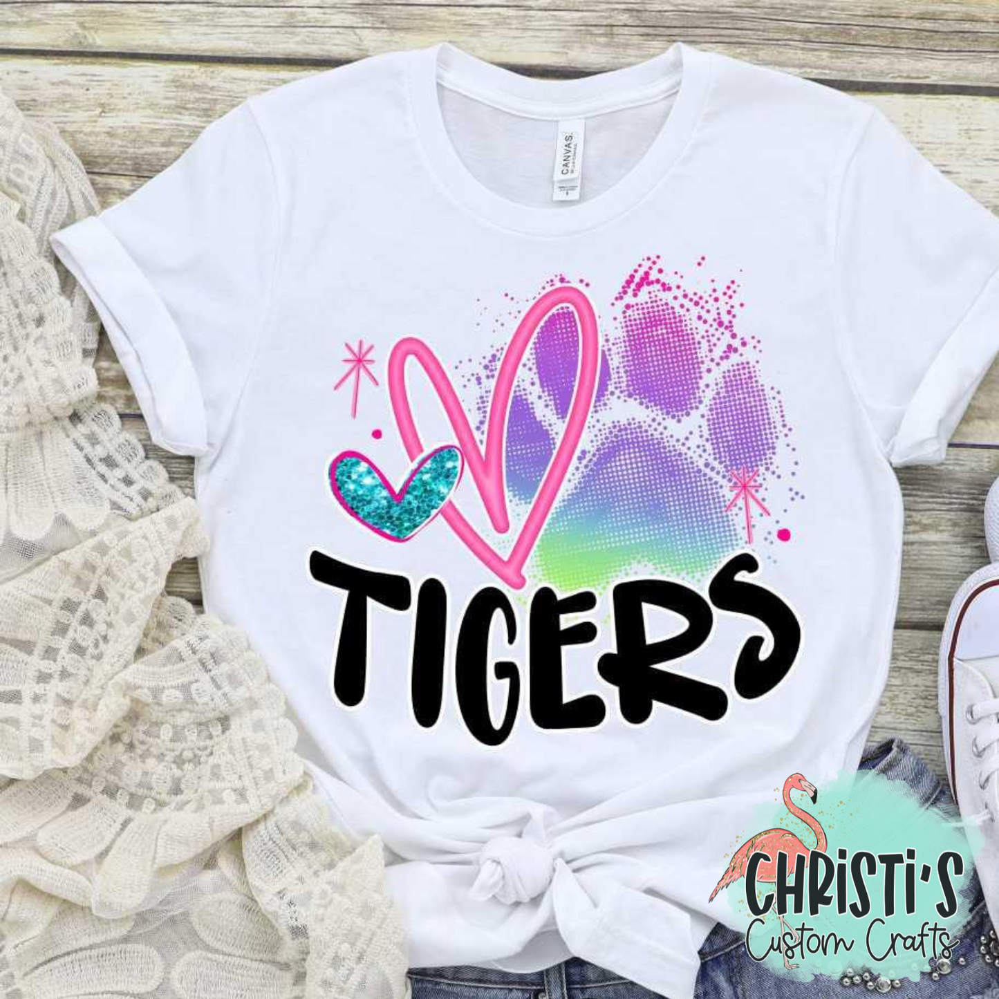 Rainbow Paw Print with Pink Heart and Black Mascot Name