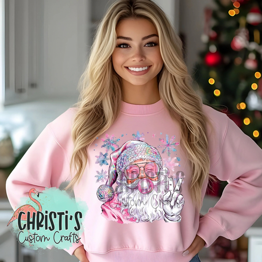 Pink Santa blowing Bubble Gum peace