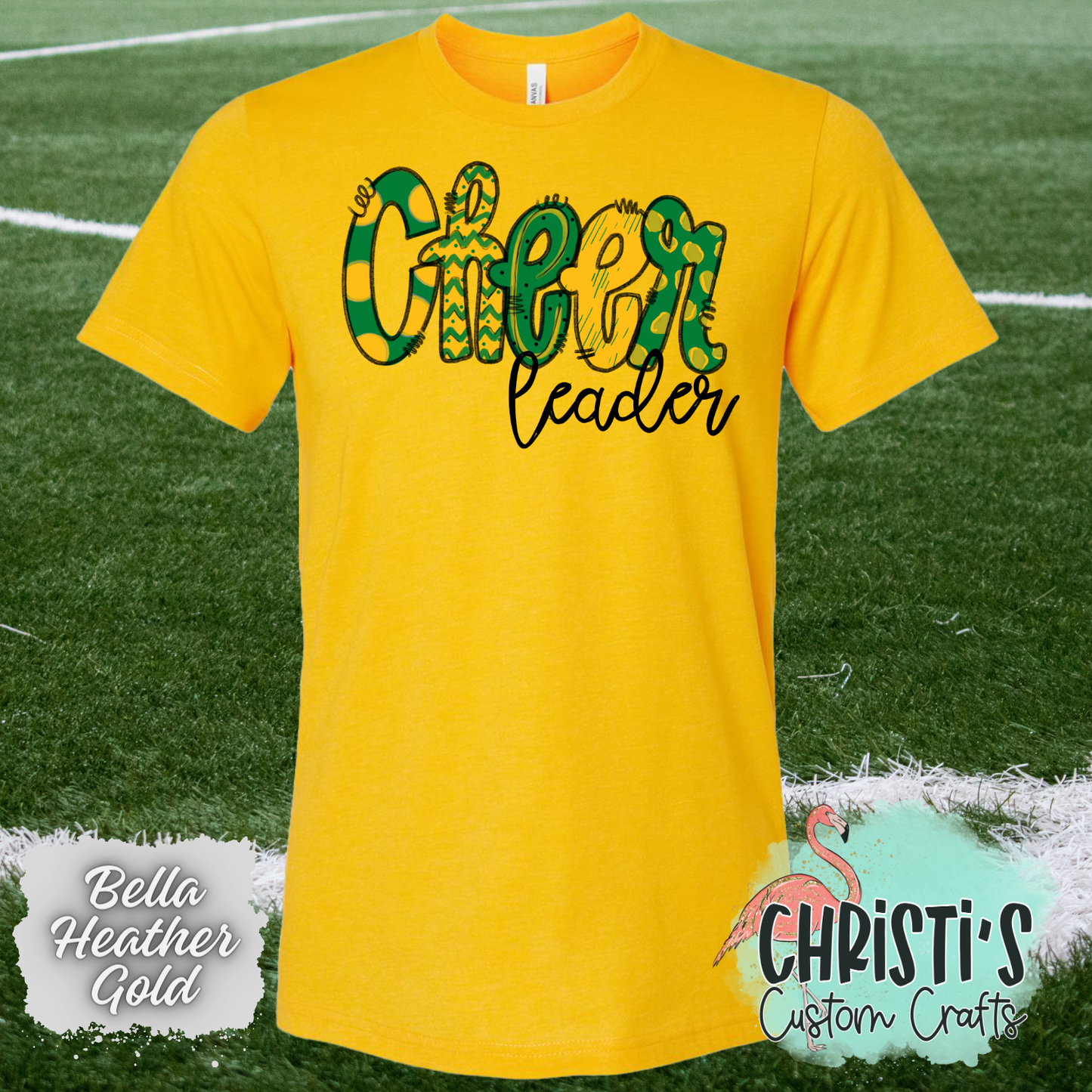 Green and Gold Cheer leader Doodle letters