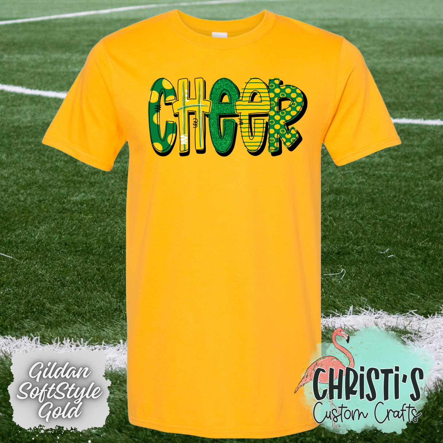 Cheer Green and Gold Doodle letters