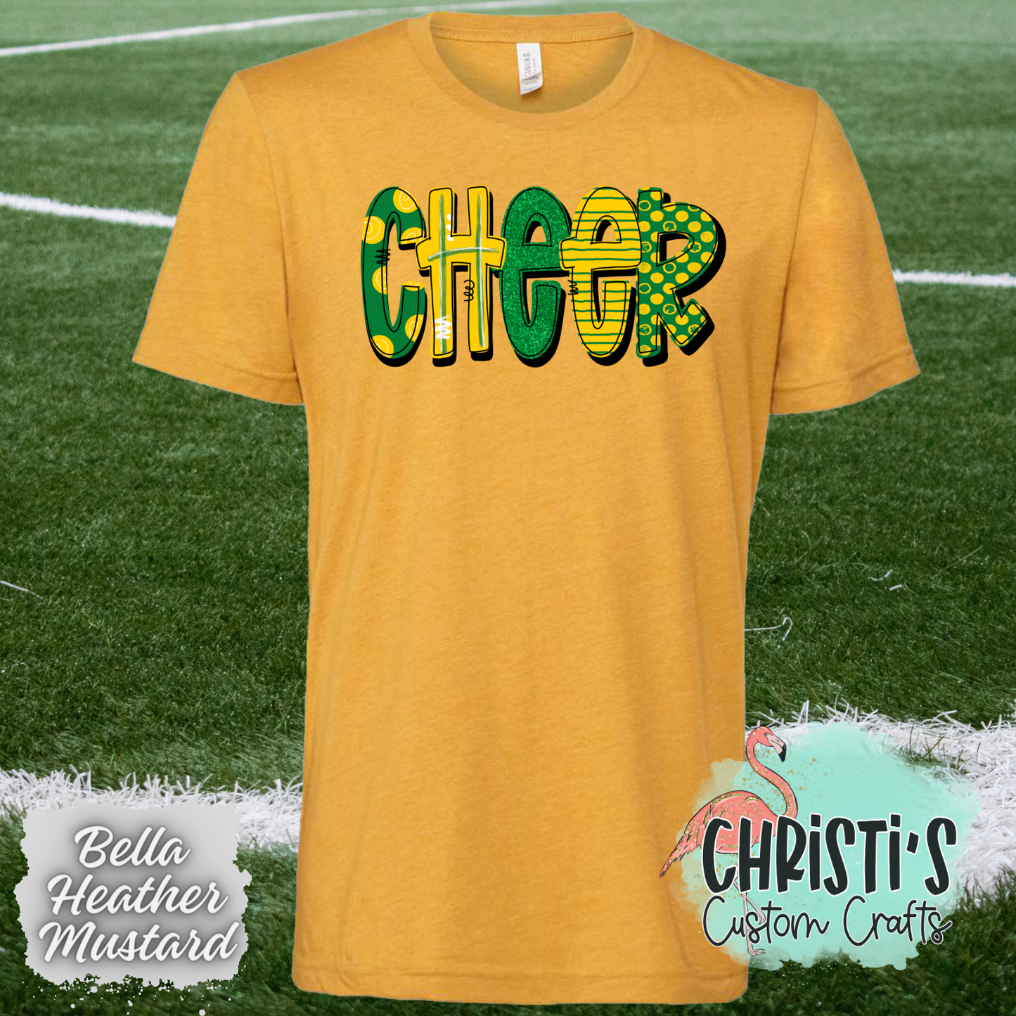 Cheer Green and Gold Doodle letters