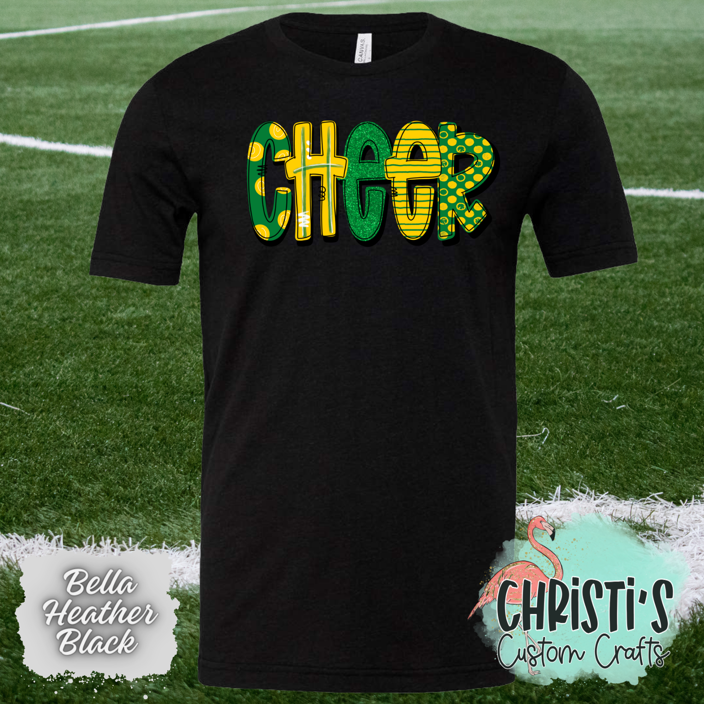 Cheer Green and Gold Doodle letters