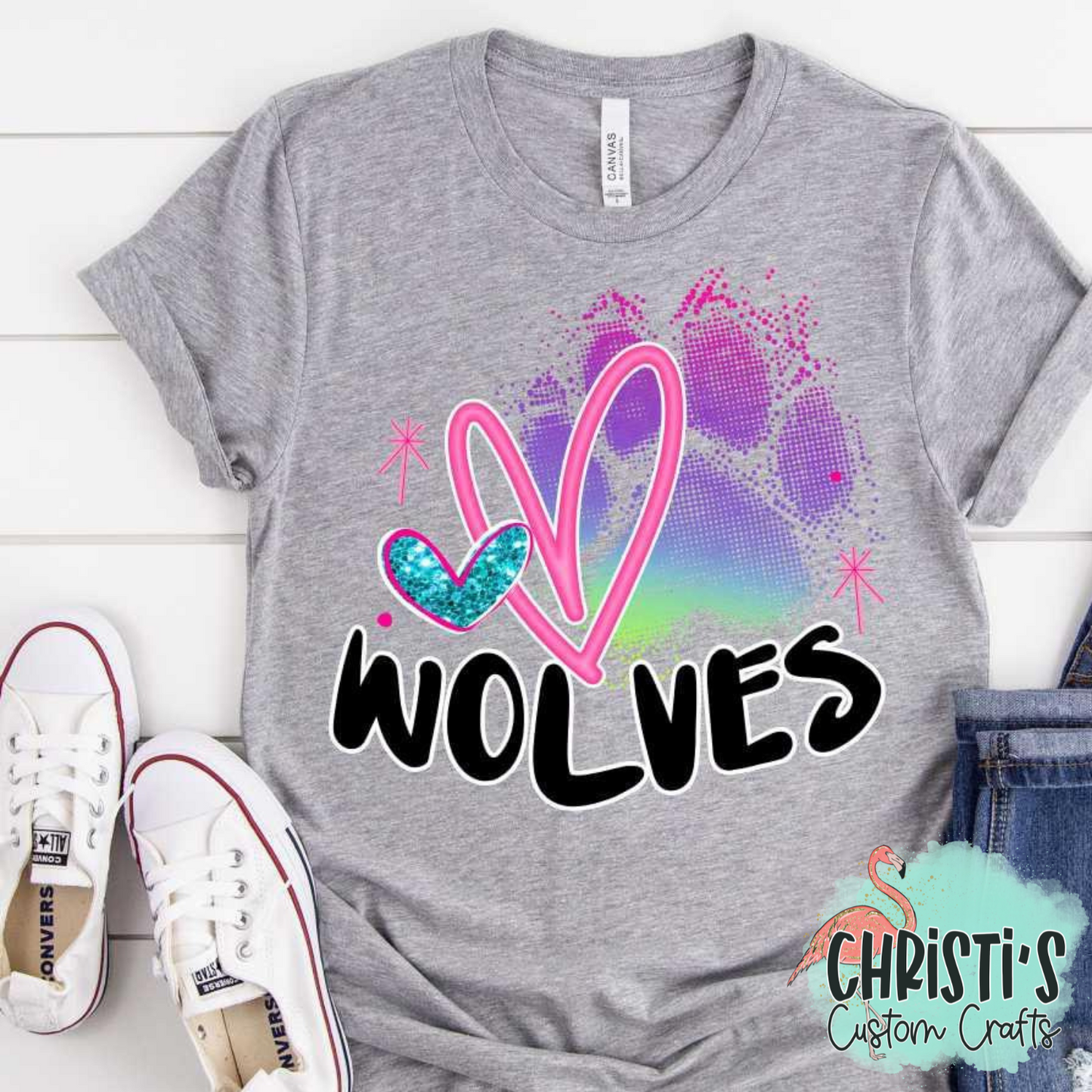 Rainbow Paw Print with Pink Heart and Black Mascot Name