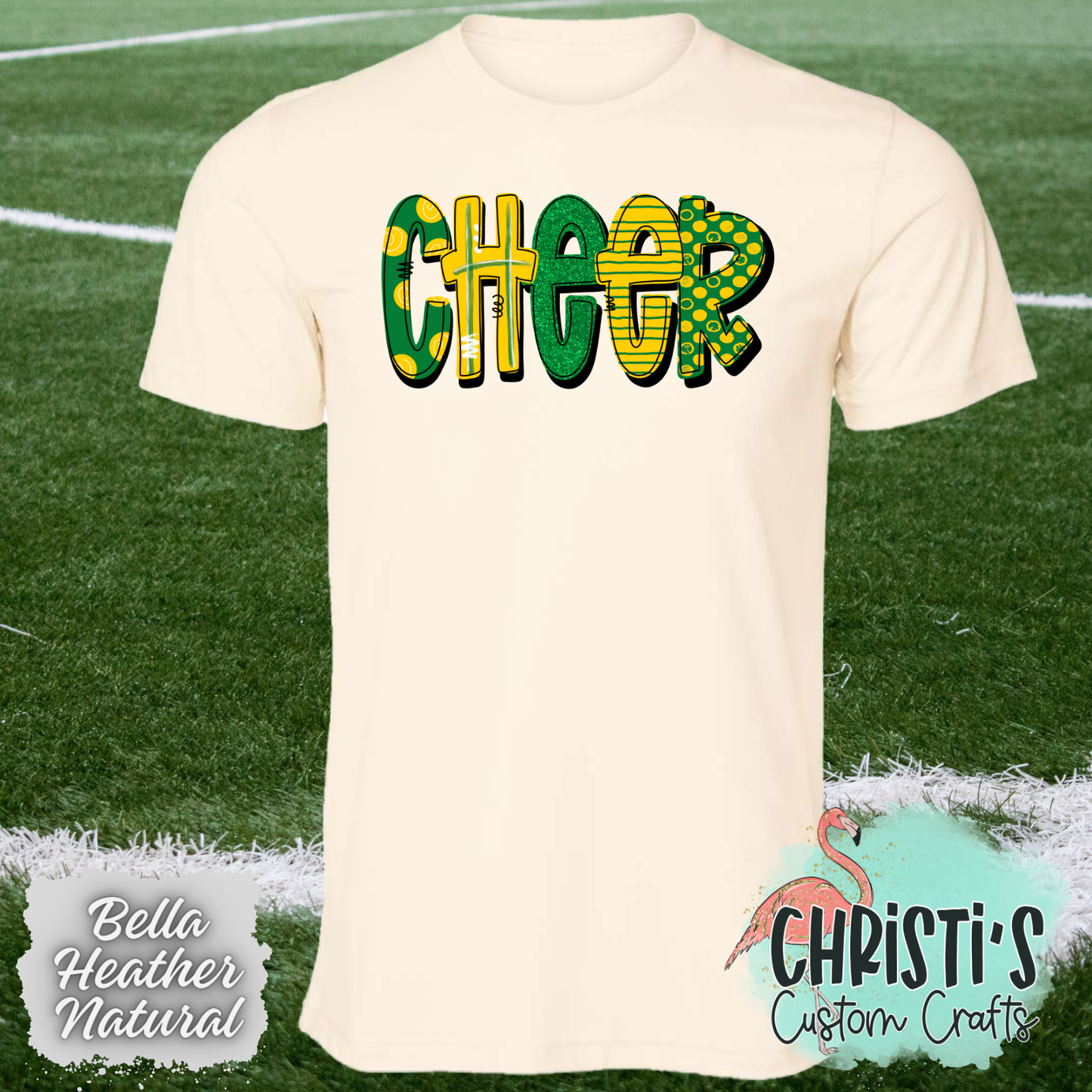 Cheer Green and Gold Doodle letters