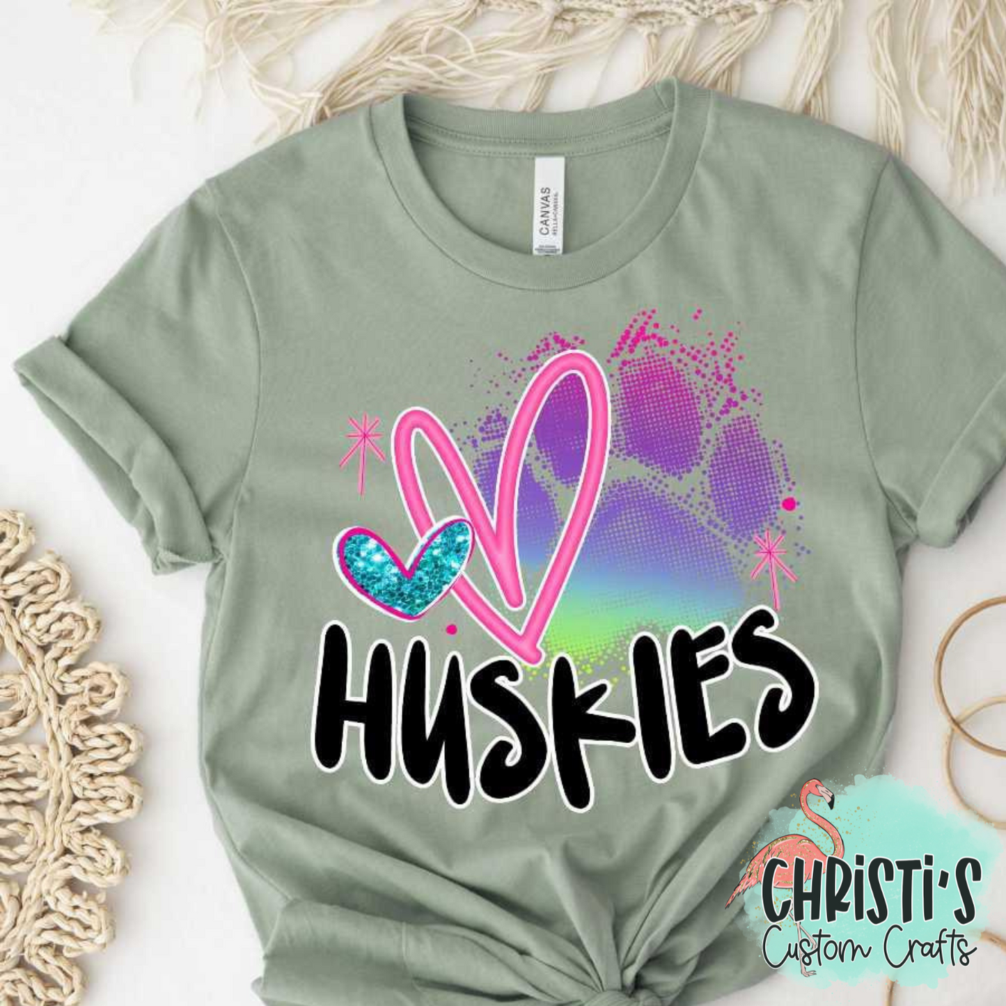 Rainbow Paw Print with Pink Heart and Black Mascot Name