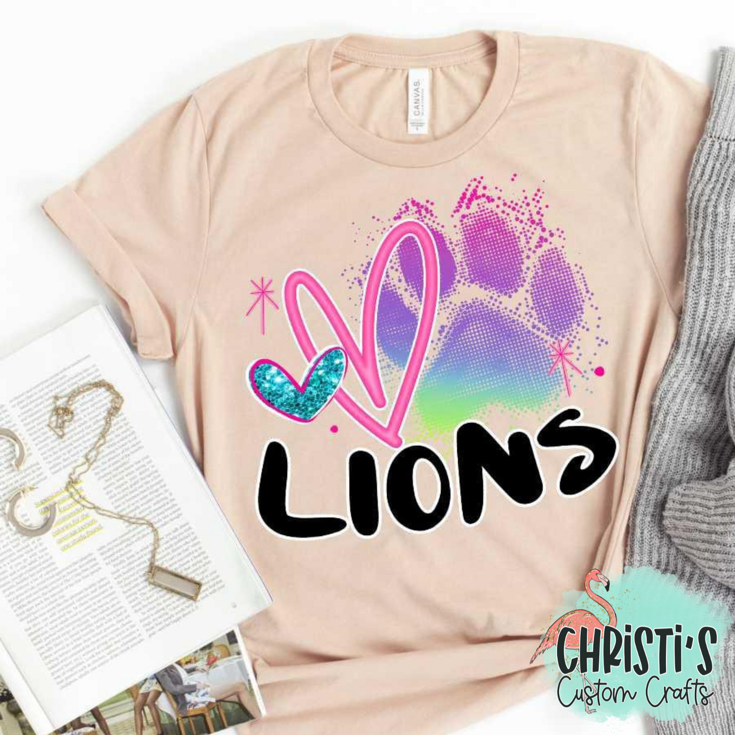 Rainbow Paw Print with Pink Heart and Black Mascot Name