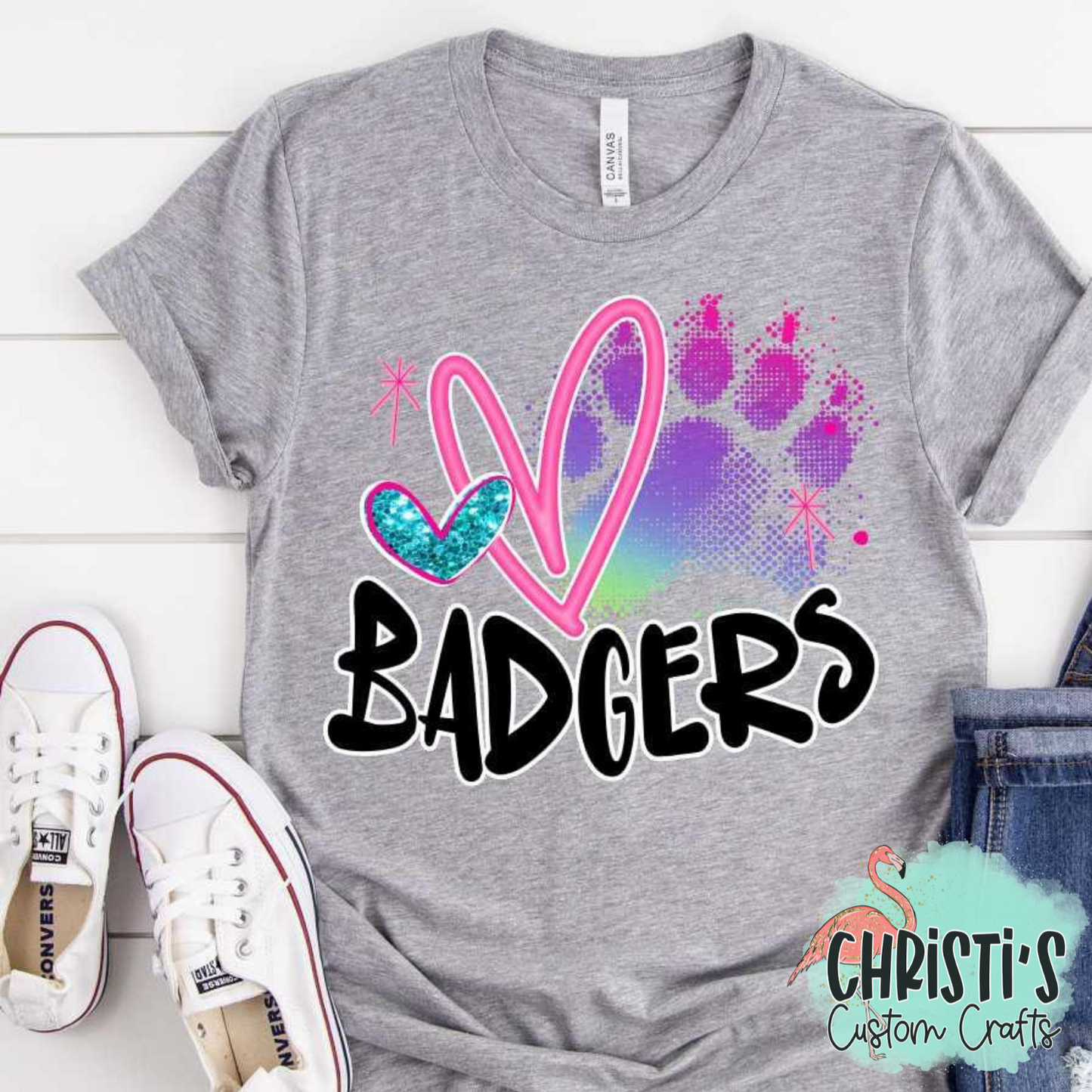 Rainbow Paw Print with Pink Heart and Black Mascot Name