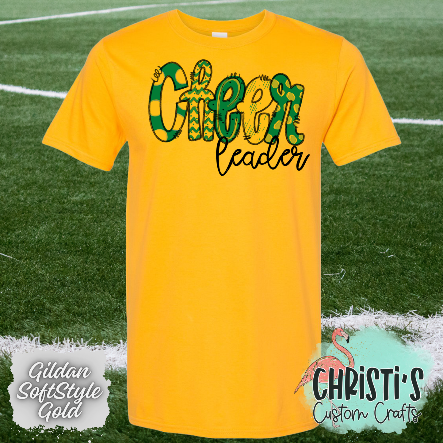 Green and Gold Cheer leader Doodle letters