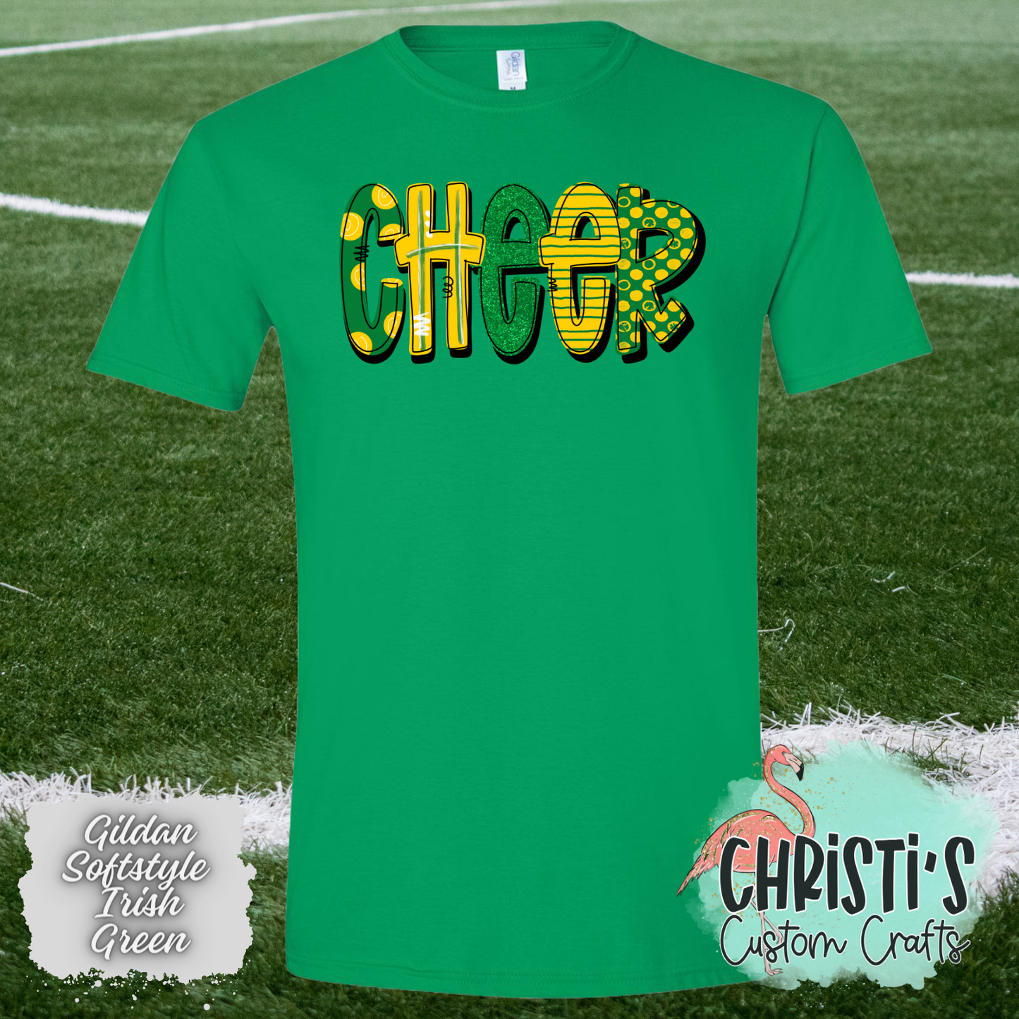 Cheer Green and Gold Doodle letters