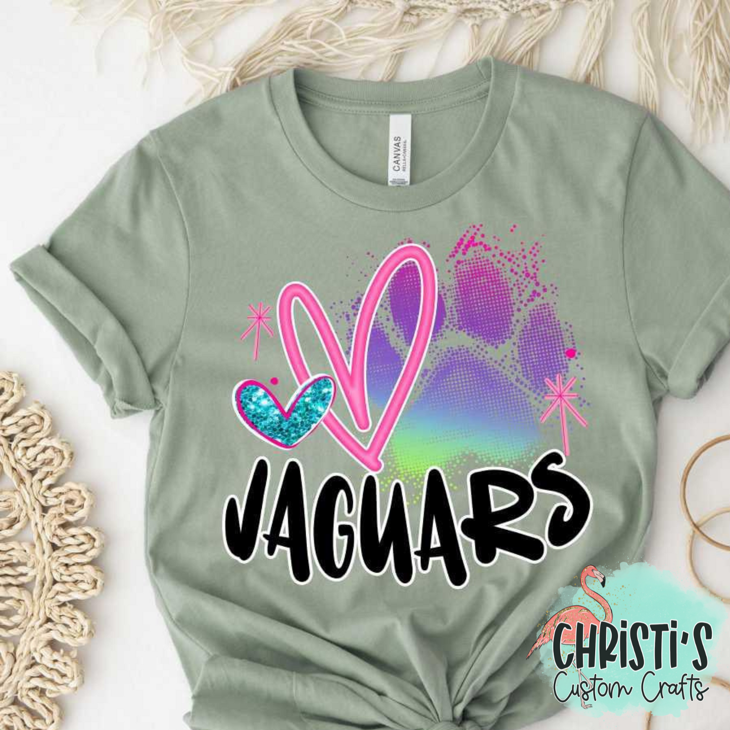 Rainbow Paw Print with Pink Heart and Black Mascot Name
