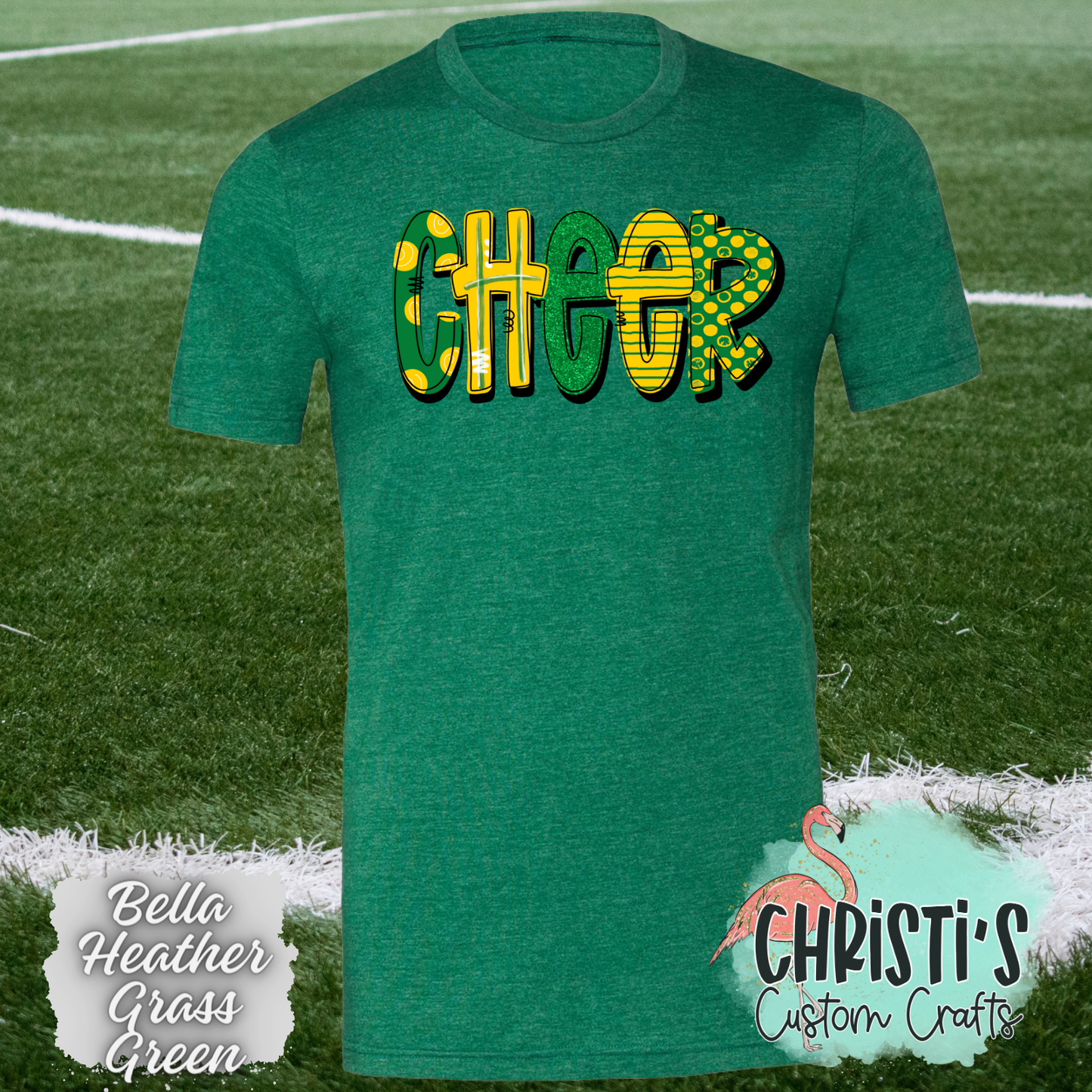 Cheer Green and Gold Doodle letters