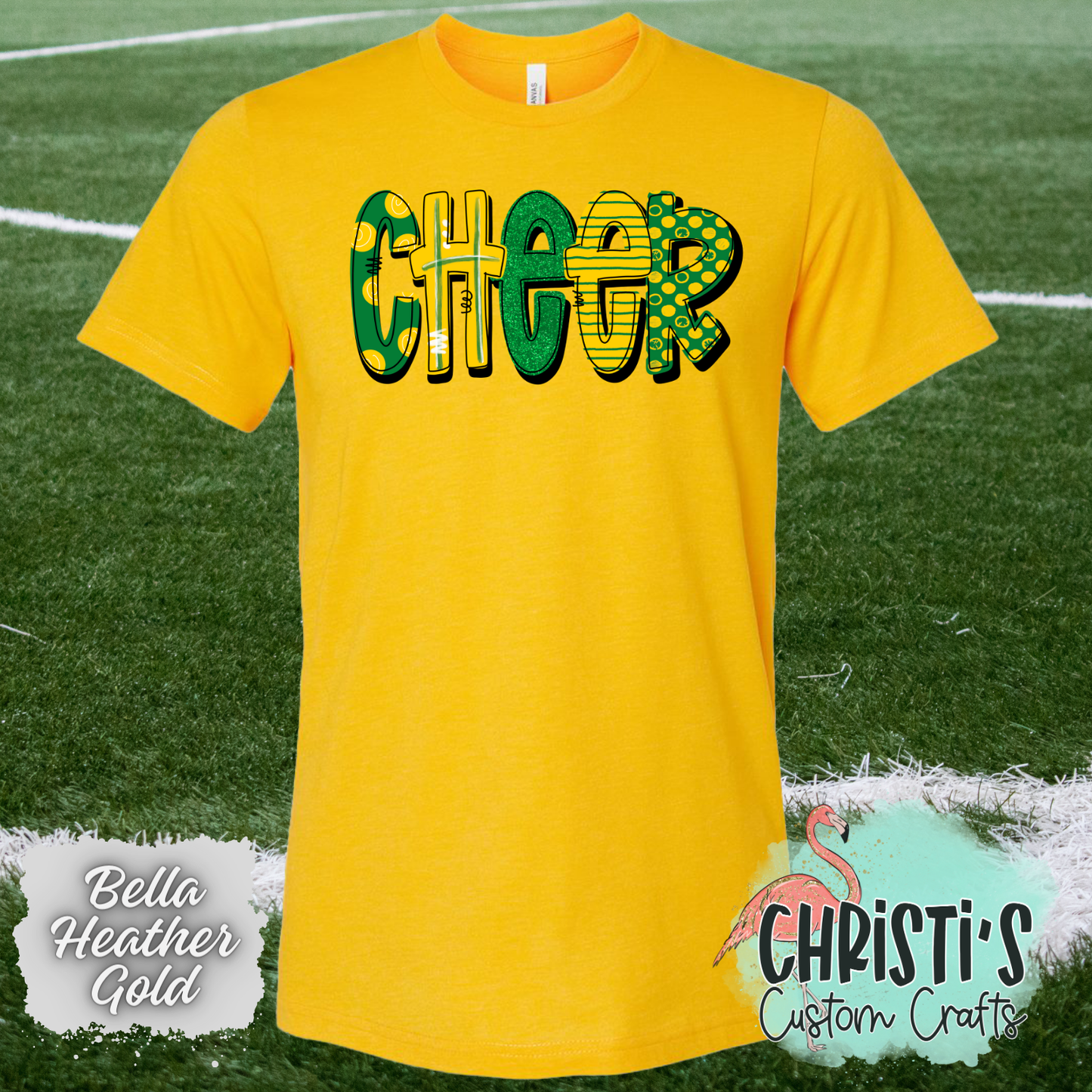 Cheer Green and Gold Doodle letters