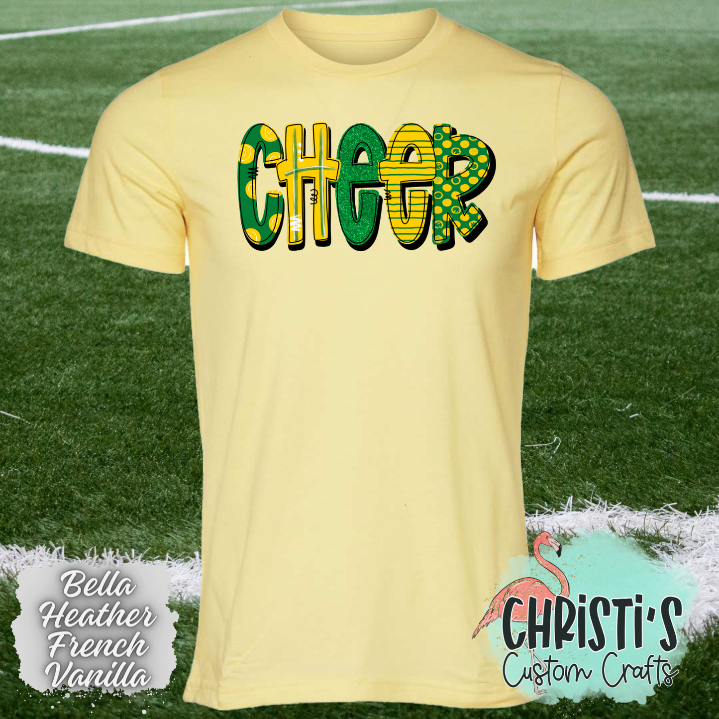 Cheer Green and Gold Doodle letters