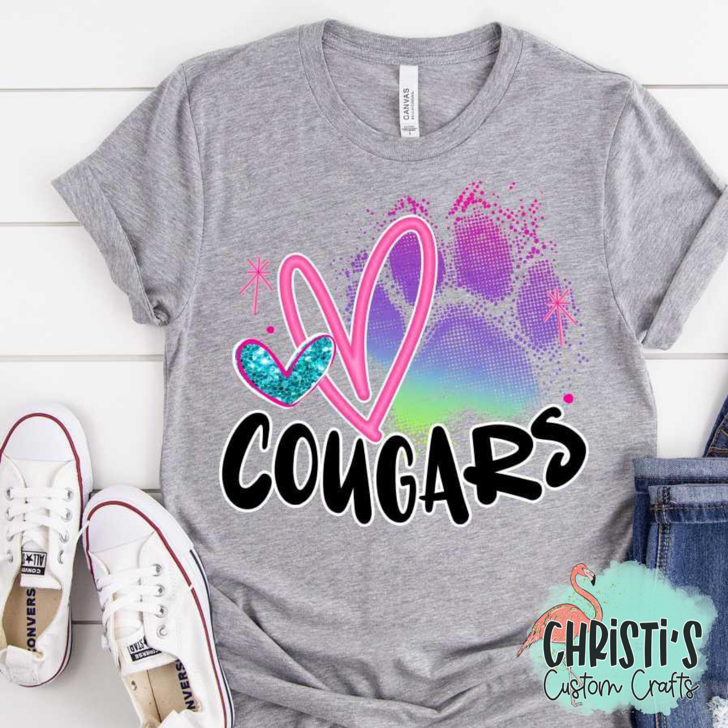 Rainbow Paw Print with Pink Heart and Black Mascot Name