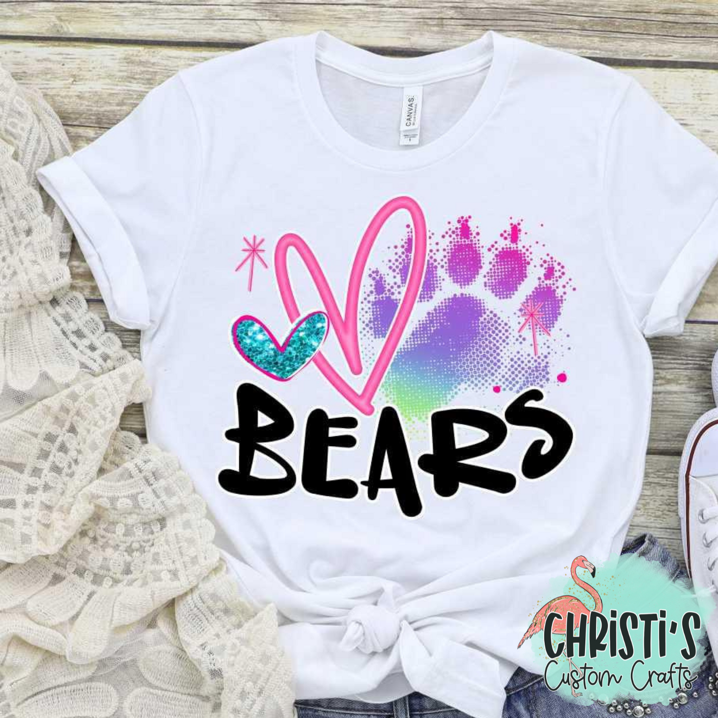 Rainbow Paw Print with Pink Heart and Black Mascot Name