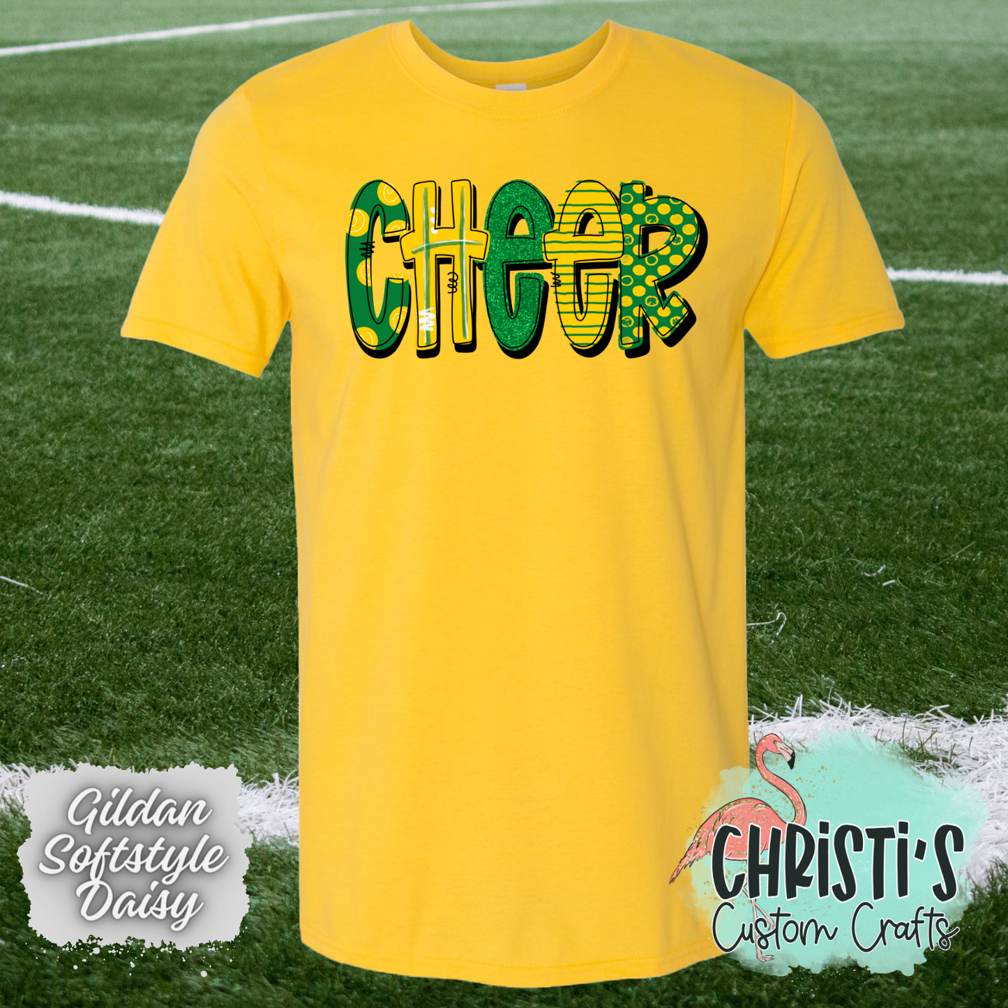 Cheer Green and Gold Doodle letters