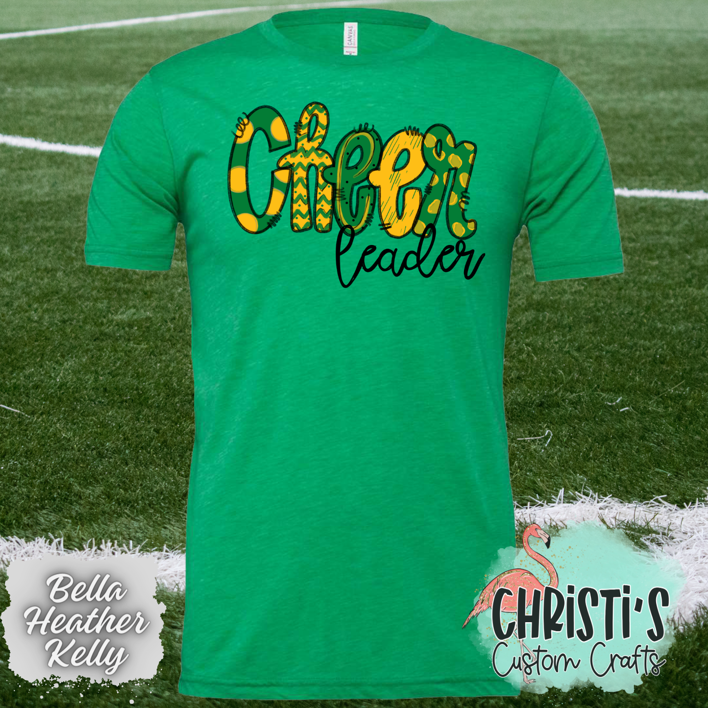 Green and Gold Cheer leader Doodle letters