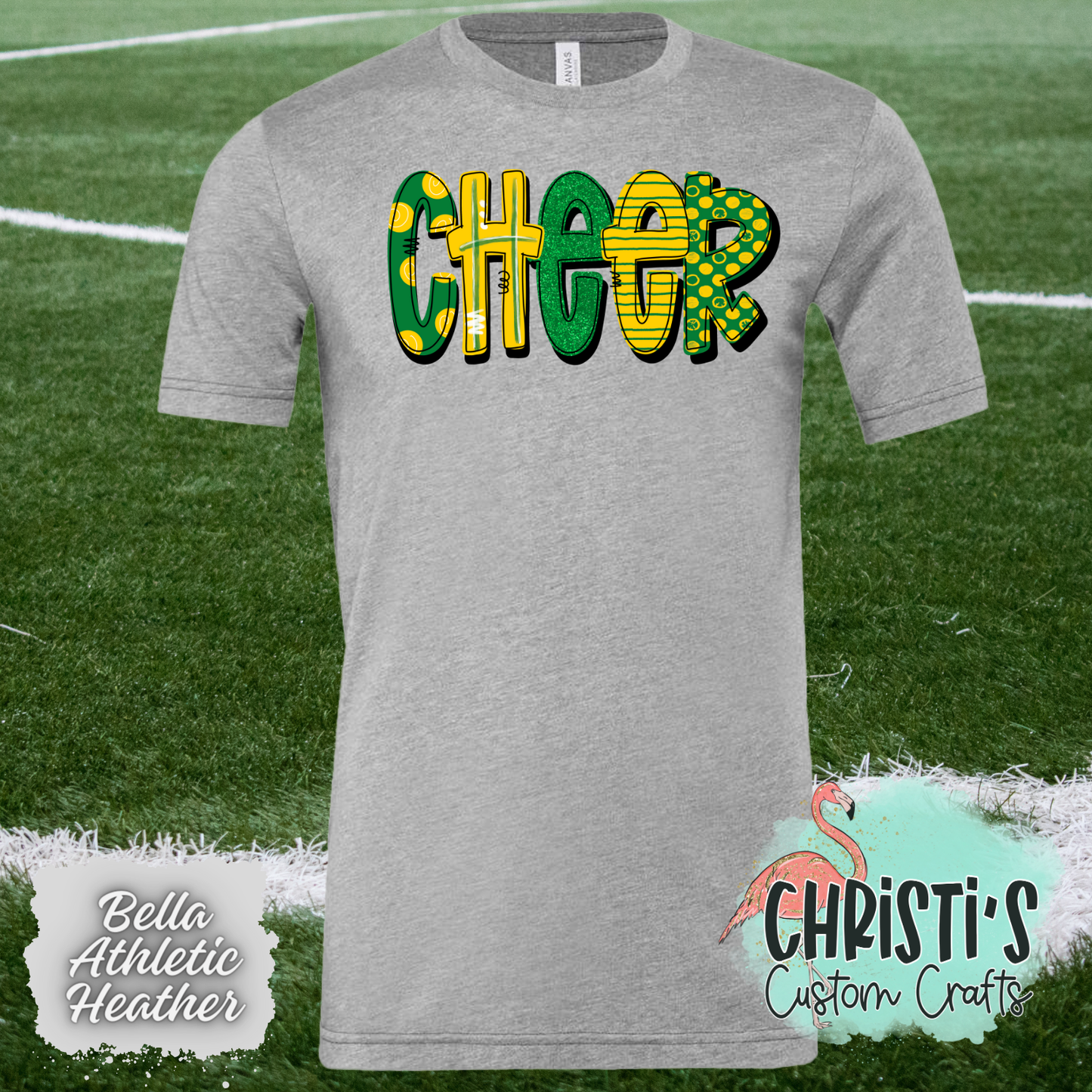 Cheer Green and Gold Doodle letters