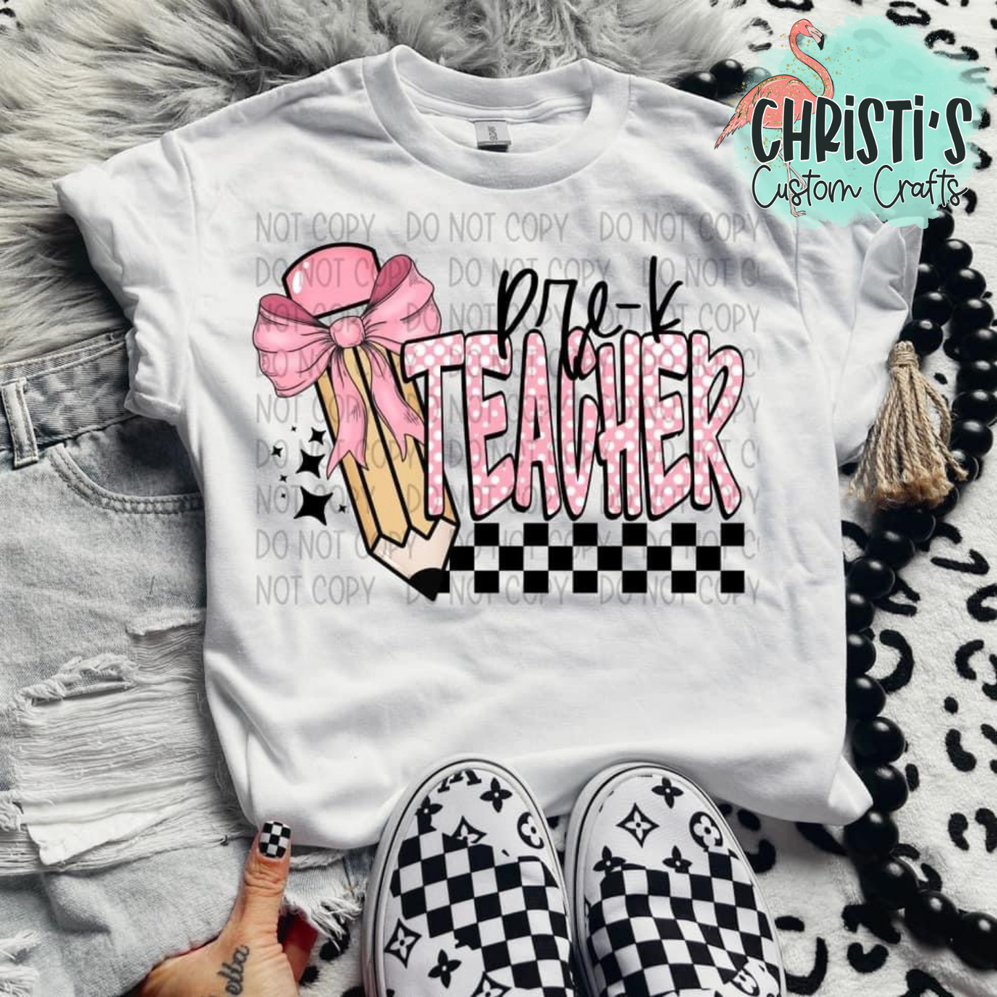 Checkered Pink Bow Pencil Grade Level Teachers