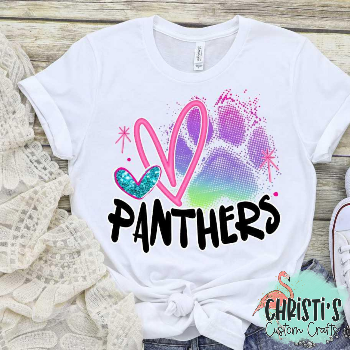Rainbow Paw Print with Pink Heart and Black Mascot Name