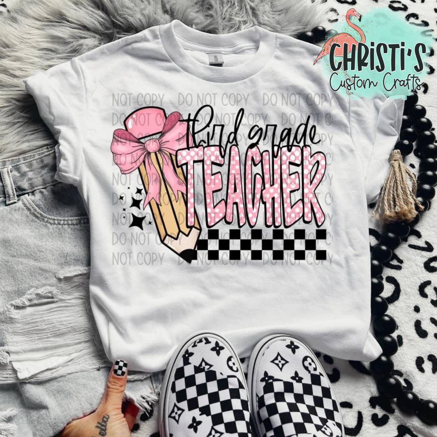 Checkered Pink Bow Pencil Grade Level Teachers