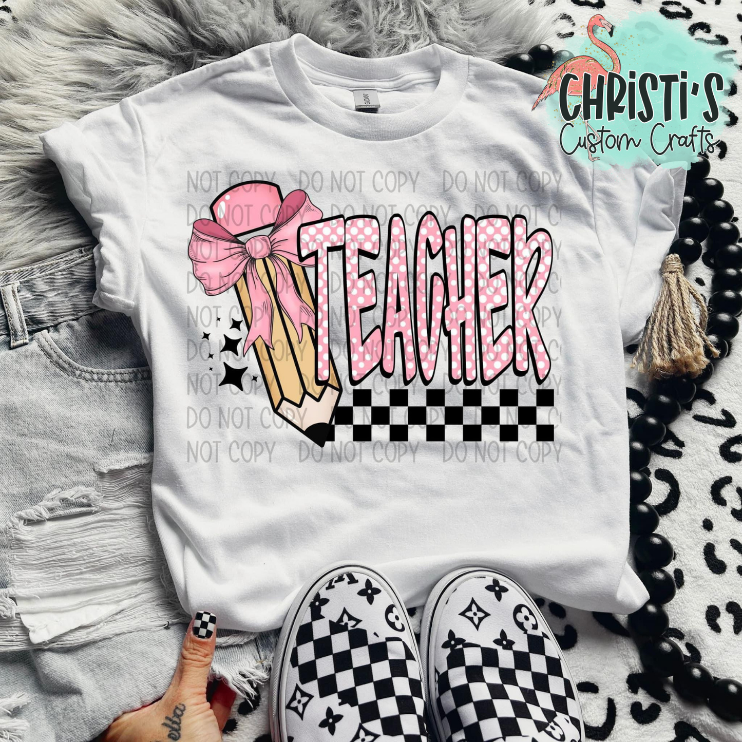 Checkered Pink Bow Pencil Grade Level Teachers