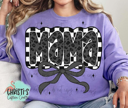 Mama Black on Black Leopard with Checkered background and bow