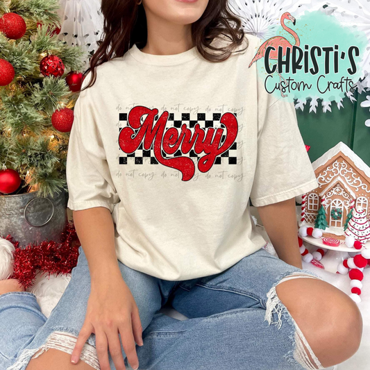 Merry in red with checkered background