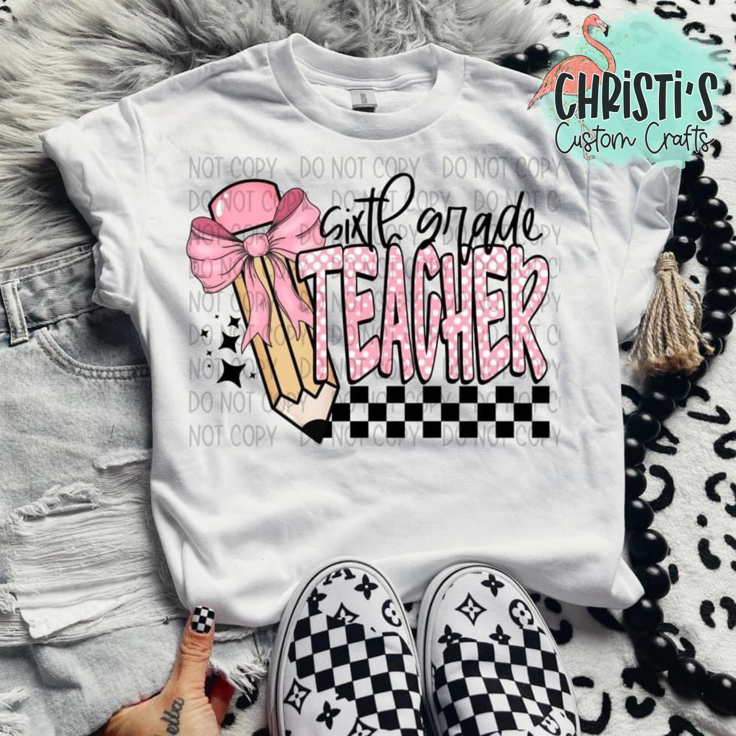 Checkered Pink Bow Pencil Grade Level Teachers