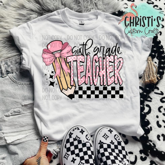 Checkered Pink Bow Pencil Grade Level Teachers